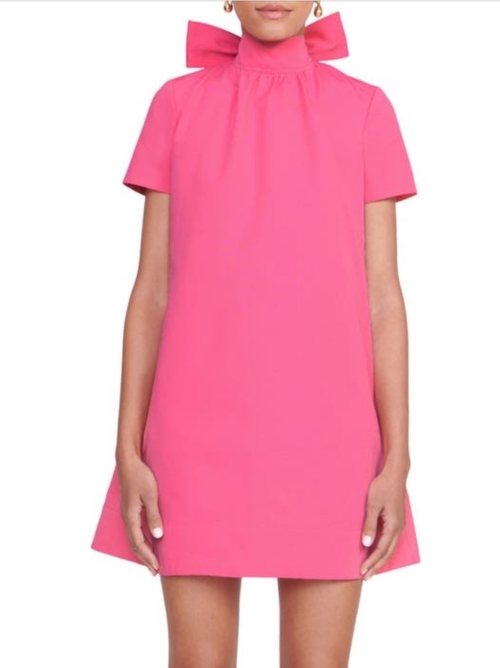 STAUD Hot Pink Bow Collar Short Sleeve A-Line Dress